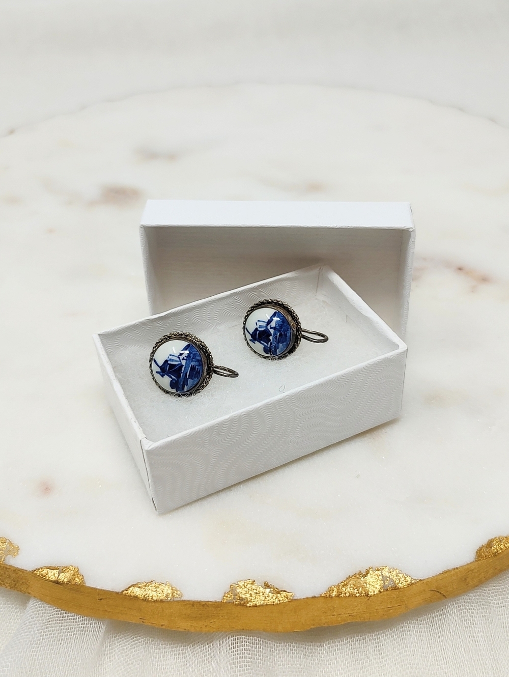 Vintage Signed Delft Dutch Blue and White Porcelain Round Screw-back Earrings